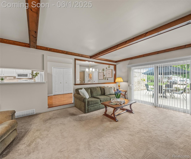 42736 Boulden Ct, Canton, MI 48187 - living room featuring carpet flooring, beamed ceiling, and a chandelier