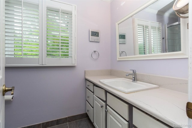 5423 Hauser Way W, Bloomfield, MI 48323 - bathroom with healthy amount of natural light, vanity, crown molding, and tile patterned flooring