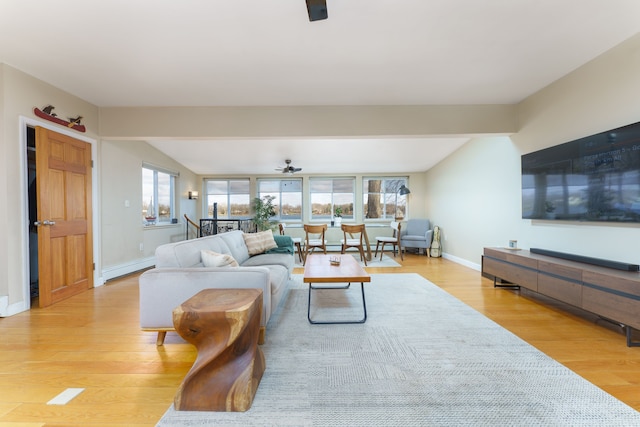 6340 Sporny Dr, Brighton, MI 48116 - living area with light wood-type flooring, a baseboard radiator, baseboards, lofted ceiling, and ceiling fan