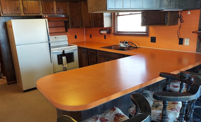 11800 N Adrian Hwy, Clinton, MI 49236 - kitchen with white appliances, a sink, a peninsula, brown cabinets, and light countertops