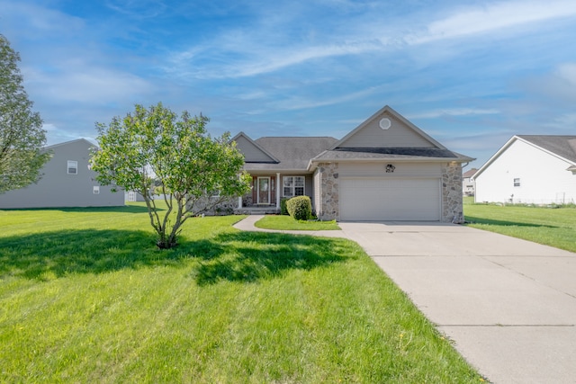 view of front of house with stone siding, a garage, concrete driveway, and a front lawn
