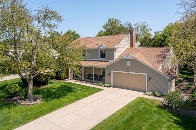 view of front facade with a porch, an attached garage, concrete driveway, a front yard, and a chimney