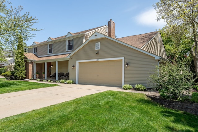 view of front of house with a porch, a garage, a front lawn, concrete driveway, and a chimney