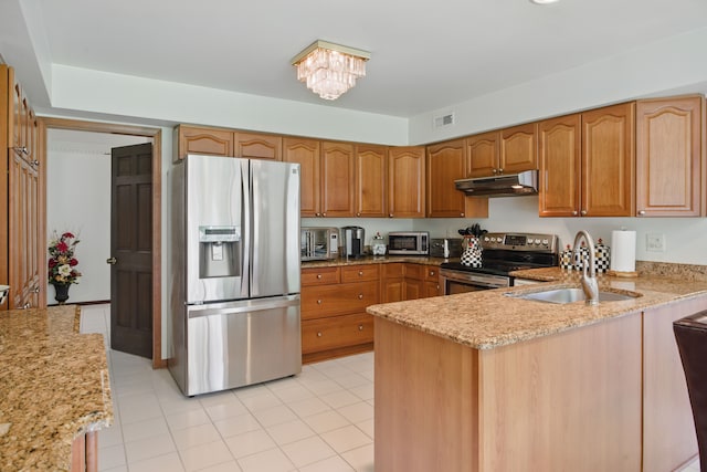 kitchen with stainless steel appliances, under cabinet range hood, a sink, light stone countertops, and a peninsula