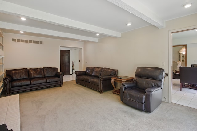 carpeted living area with beamed ceiling, recessed lighting, and tile patterned flooring