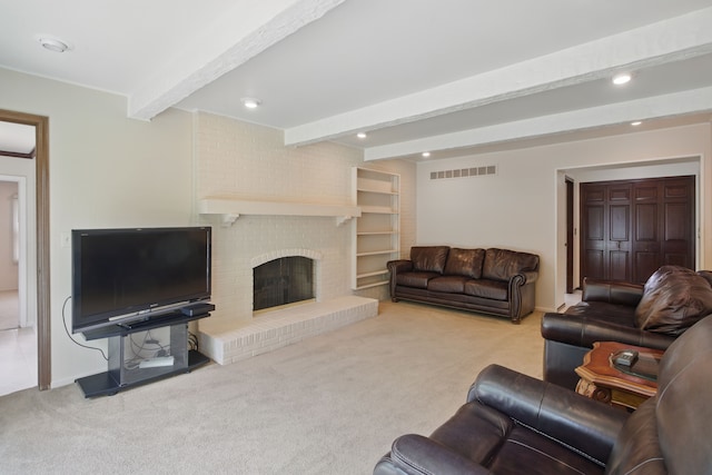 carpeted living room with beam ceiling, a brick fireplace, recessed lighting, and baseboards