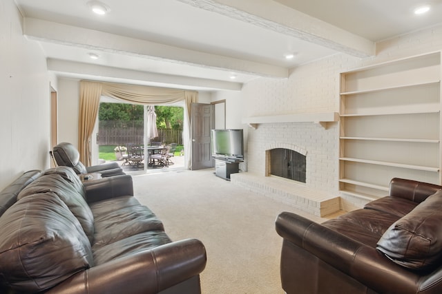carpeted living room featuring a fireplace, beamed ceiling, and recessed lighting