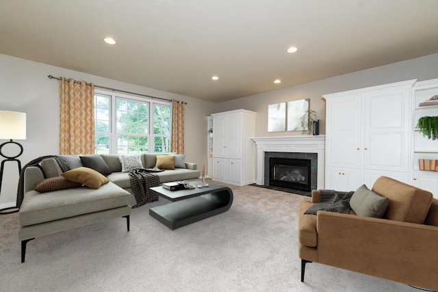 7294 Mackenzie Ln, Portage, MI 49024 - living room featuring carpet flooring, recessed lighting, a fireplace, and baseboards