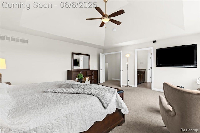 10611 Stoney Point Dr, South Lyon, MI 48178 - carpeted bedroom with baseboards, high vaulted ceiling, a ceiling fan, and connected bathroom