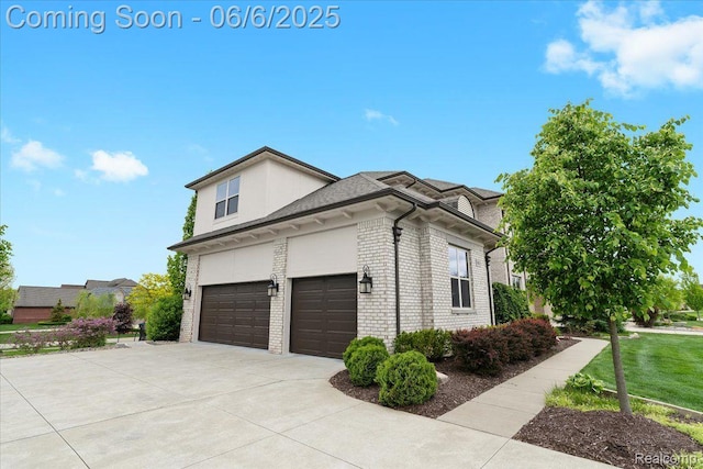 10611 Stoney Point Dr, South Lyon, MI 48178 - view of property exterior with brick siding, concrete driveway, a garage, a lawn, and roof with shingles