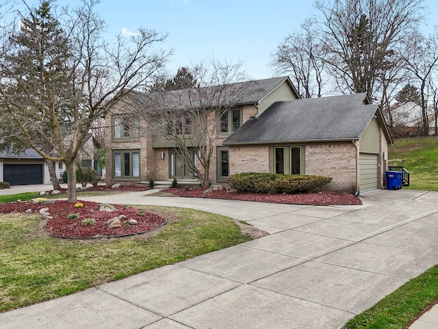 4206 Southmoor Ln, West Bloomfield, MI 48323 - view of front of home featuring curved driveway, brick siding, roof with shingles, and a front lawn