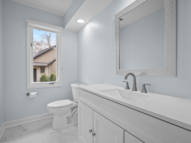 4206 Southmoor Ln, West Bloomfield, MI 48323 - bathroom featuring baseboards, toilet, marble finish floors, vanity, and recessed lighting