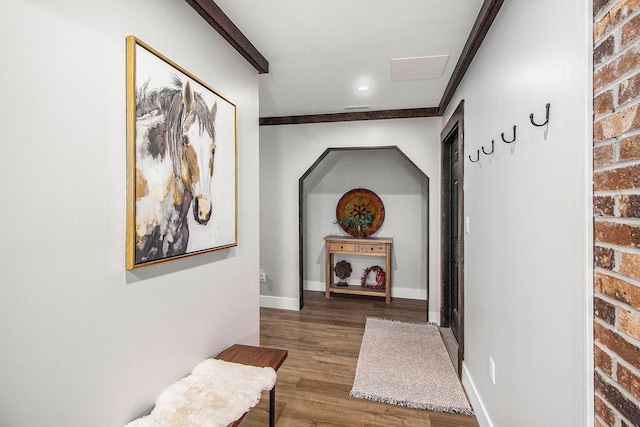 8440 Lance, Brighton, MI 48116 - corridor featuring wood finished floors, arched walkways, baseboards, recessed lighting, and crown molding