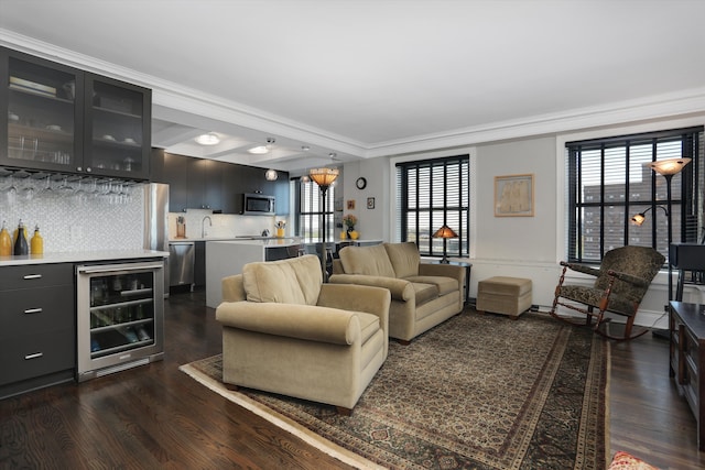 15 E Kirby St Unit 822, Detroit, MI 48202 - living room with beverage cooler, dark wood-style floors, a dry bar, and ornamental molding