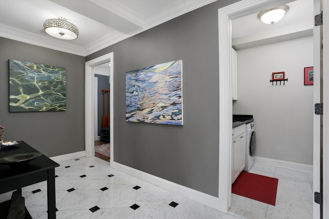 15 E Kirby St Unit 822, Detroit, MI 48202 - corridor featuring crown molding, baseboards, and washer / clothes dryer