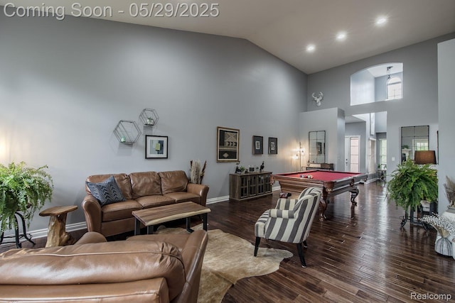6940 Stonewood, Clarkston, MI 48346 - living room featuring pool table, high vaulted ceiling, wood finished floors, baseboards, and recessed lighting