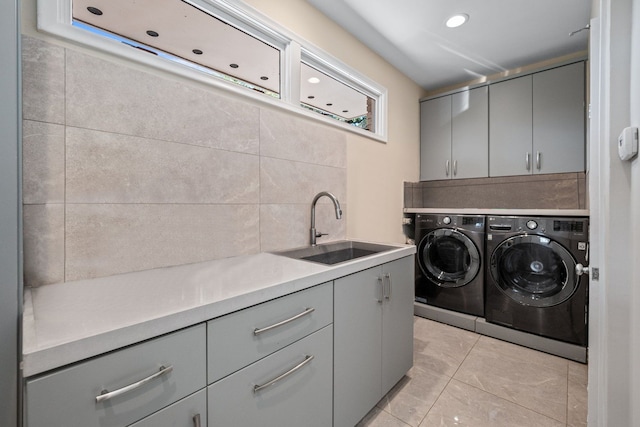 5280 Brookdale Rd, Bloomfield Hills, MI 48304 - clothes washing area with separate washer and dryer, cabinet space, light tile patterned flooring, and recessed lighting
