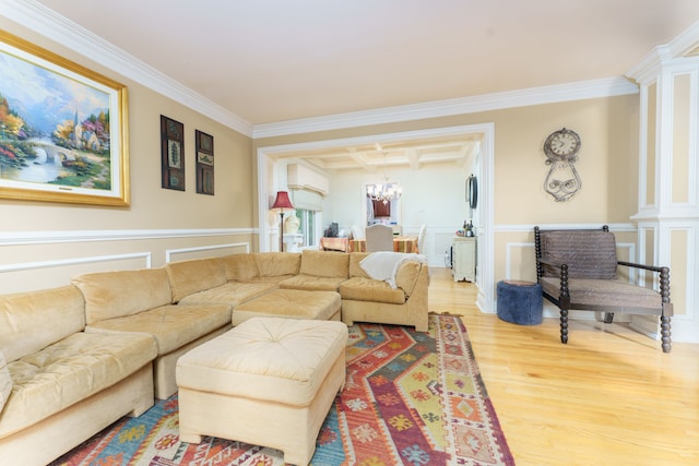 1418 Trailside Blvd, Wixom, MI 48393 - living area featuring a chandelier, ornamental molding, coffered ceiling, wood finished floors, and beamed ceiling