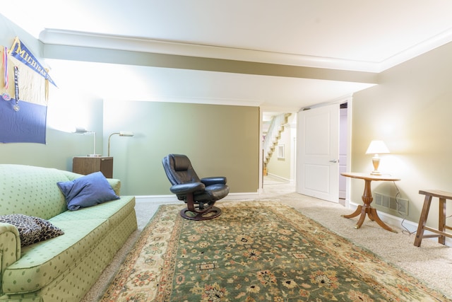 1418 Trailside Blvd, Wixom, MI 48393 - carpeted living room featuring stairs, baseboards, and ornamental molding