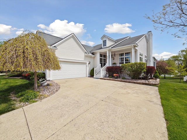 230 Atlantis Cir, Oxford, MI 48371 - view of front of home with driveway, an attached garage, a front lawn, covered porch, and a chimney
