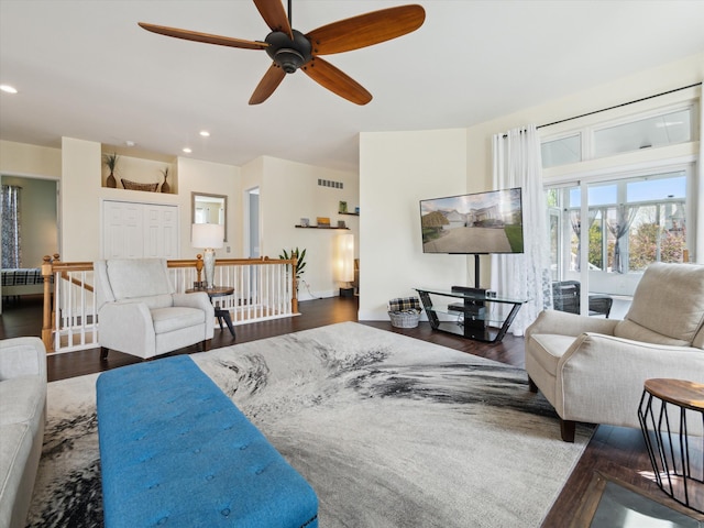230 Atlantis Cir, Oxford, MI 48371 - living area with a ceiling fan, wood finished floors, and recessed lighting