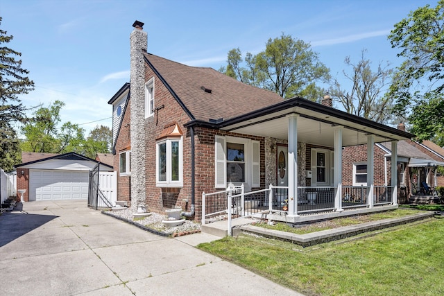 19985 Charest St, Detroit, MI 48234 - view of front of home featuring a chimney, a porch, brick siding, and a detached garage