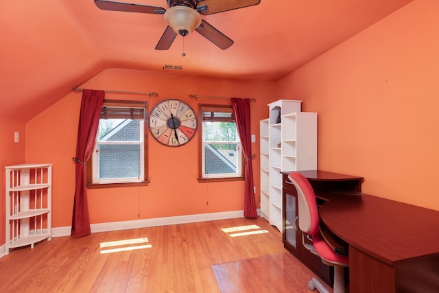 19985 Charest St, Detroit, MI 48234 - office area with lofted ceiling, light wood-style floors, a ceiling fan, and baseboards