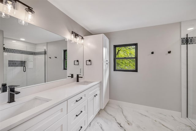 7598 Lake Park Rd, Ira, MI 48023 - full bathroom featuring double vanity, baseboards, a stall shower, marble finish floors, and recessed lighting