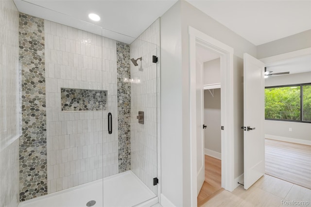 7598 Lake Park Rd, Ira, MI 48023 - bathroom featuring a shower stall, ceiling fan, baseboards, and recessed lighting