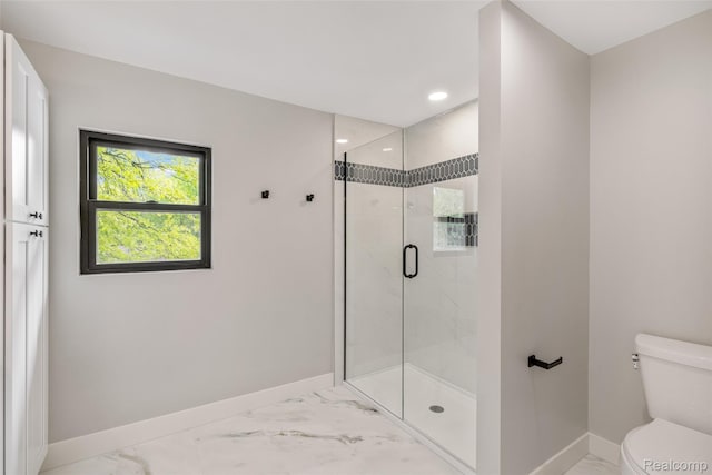 7598 Lake Park Rd, Ira, MI 48023 - bathroom featuring baseboards, toilet, marble look tiles, a marble finish shower, and recessed lighting