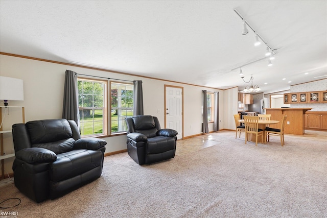 living area featuring a chandelier, rail lighting, light carpet, crown molding, and baseboards