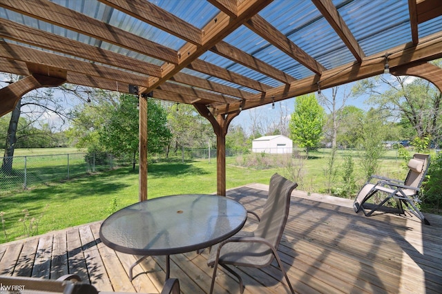 wooden deck with outdoor dining area and a pergola