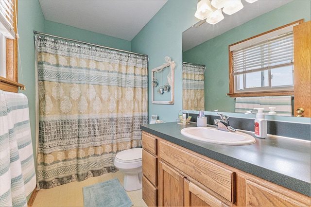 full bathroom featuring toilet, vanity, and a shower with curtain