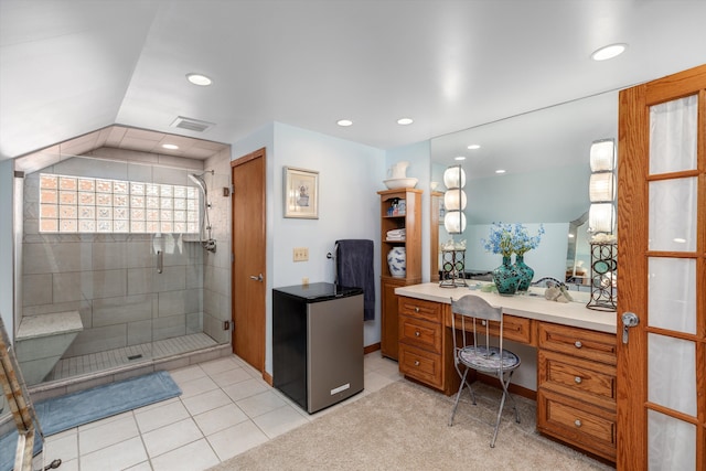 2220 Stanhope St, Grosse Pointe Woods, MI 48236 - bathroom featuring a stall shower, recessed lighting, tile patterned floors, and vanity