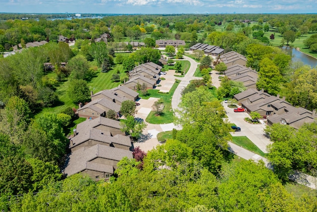 aerial perspective of suburban area with a large body of water