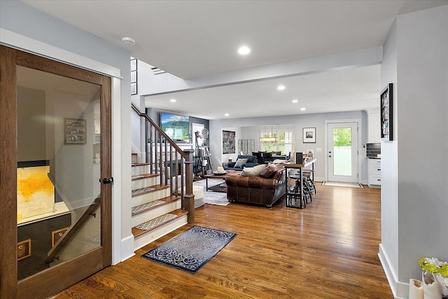 1836 Marywood Dr, Royal Oak, MI 48073 - living area featuring wood finished floors, recessed lighting, stairway, and baseboards