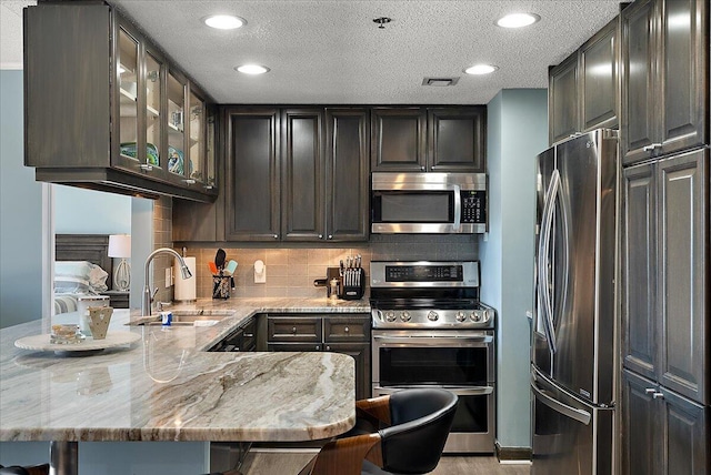 143 Campau Cir NW Unit 1616, Grand Rapids, MI 49503 - kitchen featuring appliances with stainless steel finishes, a sink, light stone counters, a peninsula, and tasteful backsplash