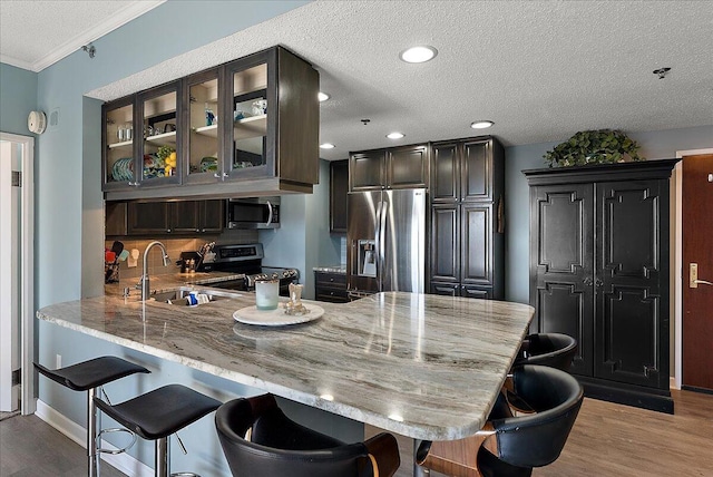 143 Campau Cir NW Unit 1616, Grand Rapids, MI 49503 - kitchen with appliances with stainless steel finishes, a sink, wood finished floors, a peninsula, and a textured ceiling