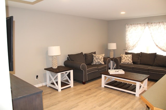 living room featuring light wood finished floors and recessed lighting