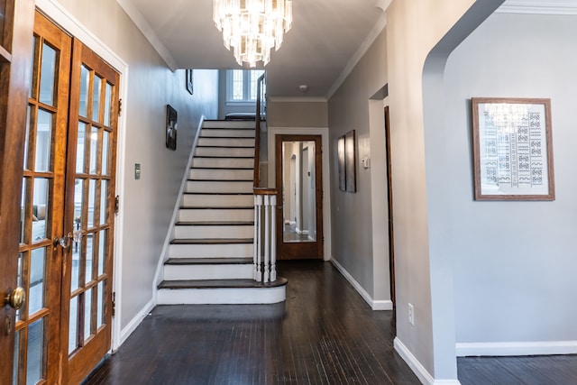 2285 Chicago Blvd, Detroit, MI 48206 - entrance foyer with hardwood / wood-style floors, stairs, french doors, baseboards, and a chandelier