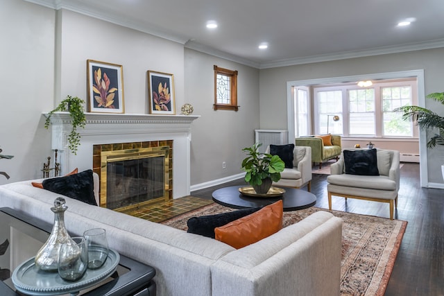 2285 Chicago Blvd, Detroit, MI 48206 - living room with plenty of natural light, hardwood / wood-style floors, crown molding, a baseboard radiator, and recessed lighting