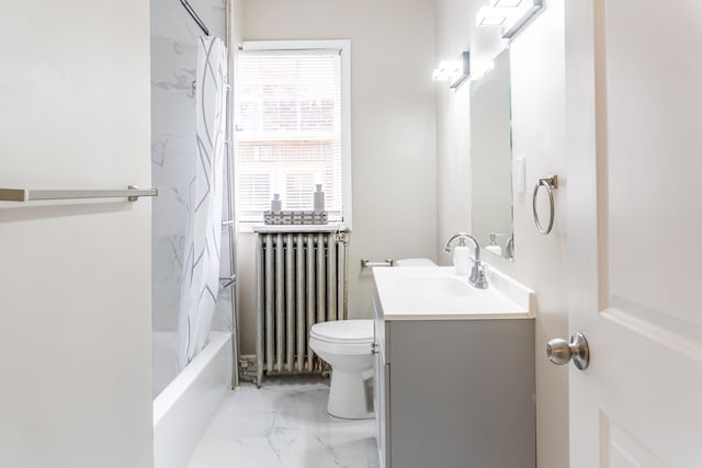 2285 Chicago Blvd, Detroit, MI 48206 - bathroom featuring radiator, toilet, vanity, marble finish flooring, and shower / bath combo