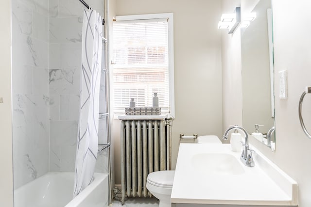 2285 Chicago Blvd, Detroit, MI 48206 - full bathroom featuring radiator heating unit, toilet, vanity, and shower / bath combination with curtain