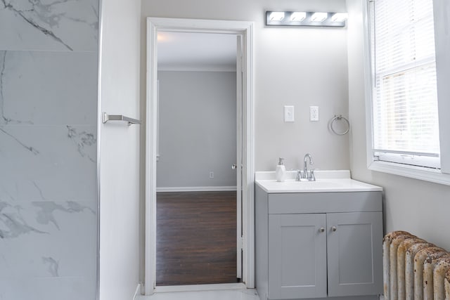 2285 Chicago Blvd, Detroit, MI 48206 - bathroom with radiator, vanity, and baseboards