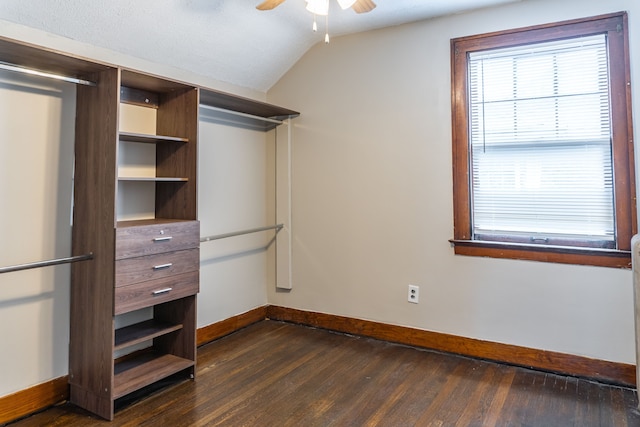 2285 Chicago Blvd, Detroit, MI 48206 - walk in closet featuring dark wood-type flooring, ceiling fan, and lofted ceiling