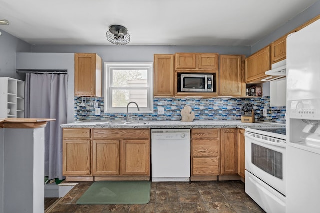 30664 Burlington St, Westland, MI 48186 - kitchen featuring white appliances, a sink, decorative backsplash, under cabinet range hood, and light stone countertops