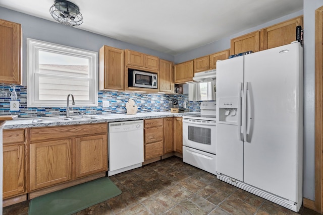 30664 Burlington St, Westland, MI 48186 - kitchen with white appliances, a sink, tasteful backsplash, and stone finish flooring