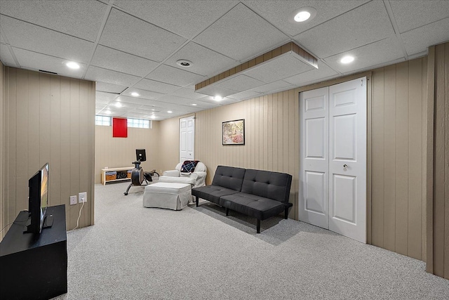 carpeted living room with recessed lighting