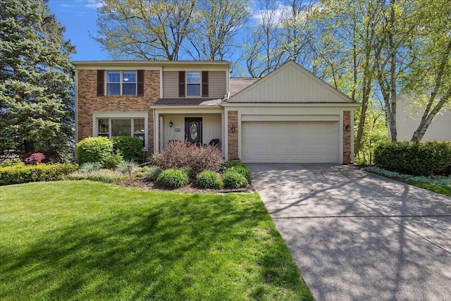 traditional-style home featuring brick siding, an attached garage, a front lawn, and concrete driveway