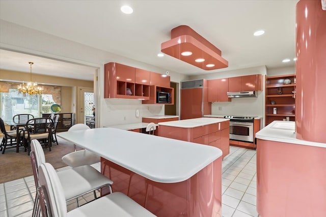5080 Kitson Ln, West Bloomfield, MI 48324 - kitchen with electric range, under cabinet range hood, a center island, open shelves, and recessed lighting